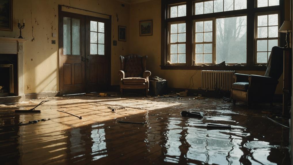 Water damaged living room in Porterdale GA showing standing water on wooden floors and scattered debris - illustrating emergency structural drying needs