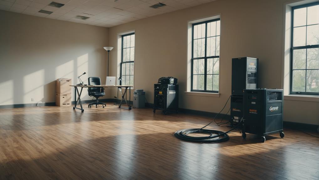 Commercial space in Porterdale with industrial structural drying equipment including dehumidifiers and air movers for professional water damage restoration
